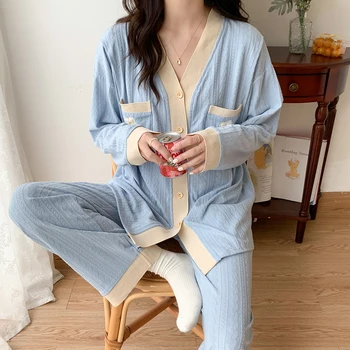 6535 Jakarlı Pamuk Analık Hemşirelik Pijama Setleri Doğum Sonrası Besleme Pijama Takım Elbise Hamile Kadınlar Gebelik Ev Giyim
