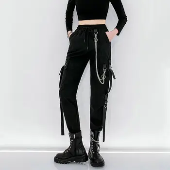 Harajuku Siyah Kargo pantolon Kadın Zincir Geniş Bacak Hip Hop Streetwear Kadın Pantolon Gevşek Kadın Baggy moda pantolon Erkekler