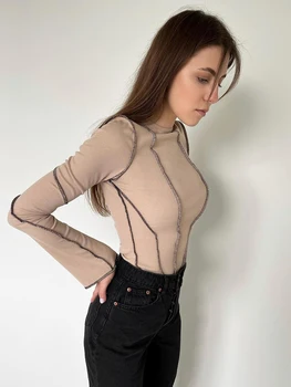 Mnealways18 Bahar O-Boyun T-Shirt Kadın Patchwork Fırfır Üstleri Kadın Bodycon Tee Gömlek Flare Uzun Kollu Nervürlü Üst Ekleme 2023