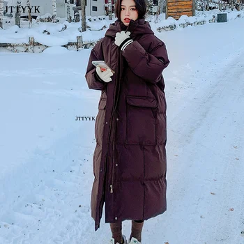Kore X Uzun aşağı ceket Kış Giysileri Kadın Sıcak Kar Yastıklı Ceket Kış Kadın kapüşonlu parka Kalın Su Geçirmez Palto 2022