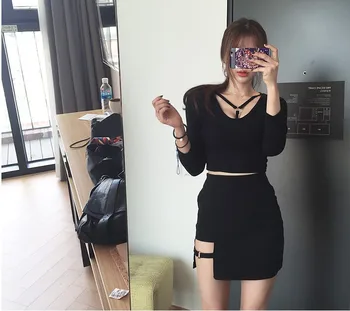 Kore Tarzı Siyah Kalça Etekler Düzensiz Mikro Mini Etek Mini Etek Yaz Moda Harajuku Seksi Yüksek Bel Bodycon Kısa Etek