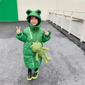 Moda Çocuklar Aşağı Ceketler Karikatür Kurbağa Erkek Kız Mont Kış Sıcak Giyim Bebek Rüzgar Geçirmez Parkas Gençler Giyim Uzun Ceketler